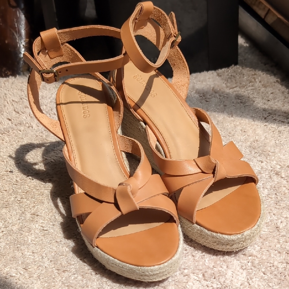 Soludos Charlotte Knotted Tan Nude Leather Wedge Espadrille Platform Sandals